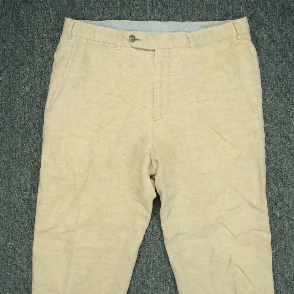 Zanella Pants Mens 34x30 Beige Tan Cinquanta 100% Linen Straight Trouser